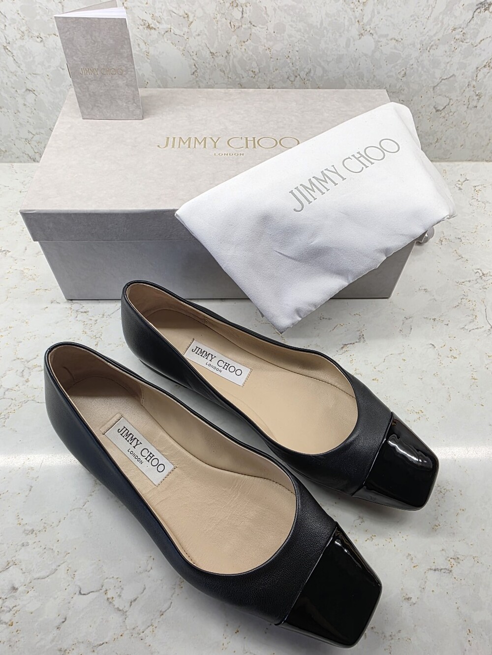 Jimmy Choo Black Leather Square-Toe Ballet Flats with Patent Cap